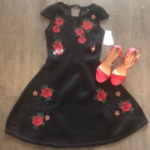 COPY - GUESS Los Angeles Jet Black Red Roses Mesh Dress